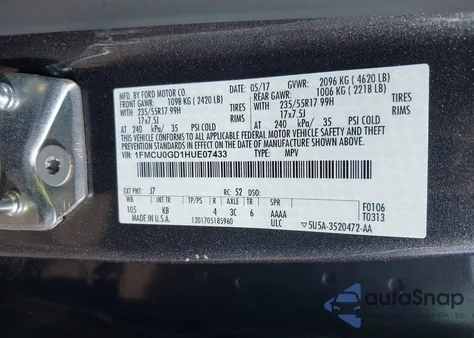 2017 Ford Escape Se from USA, damaged, VIN 1FMCU0GD1HUE07433